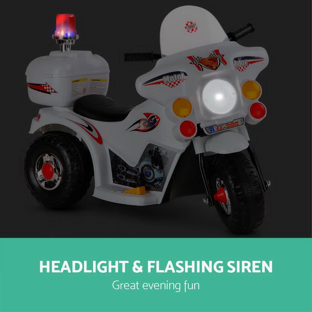 Rigo Kids Ride On Motorbike in white color, featuring anti-slip wheels and flashing lights, designed for children aged 3-8.